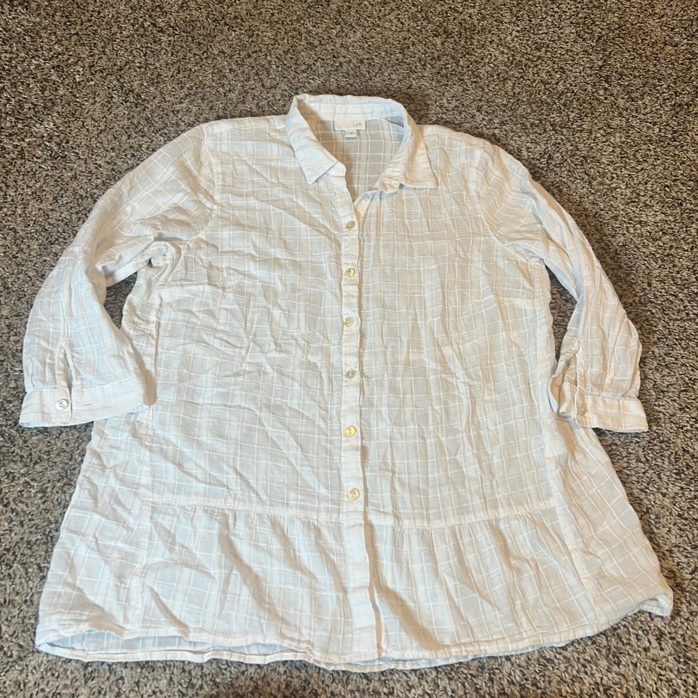 J.Jill White Grid Check‎ Tiered Button Up Tunic Shirt Women's Size Medium